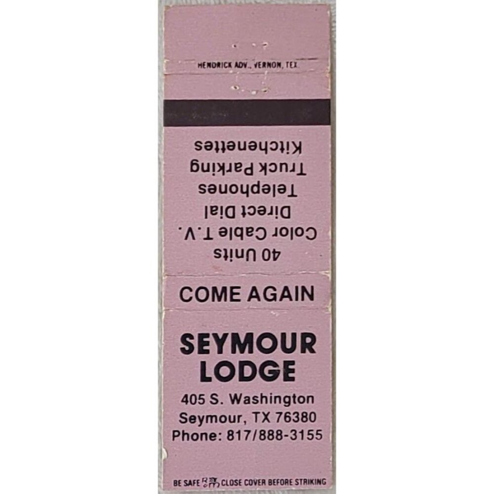 Vintage Matchbook Cover Seymour Lodge Motel Seymour TX Texas Pink